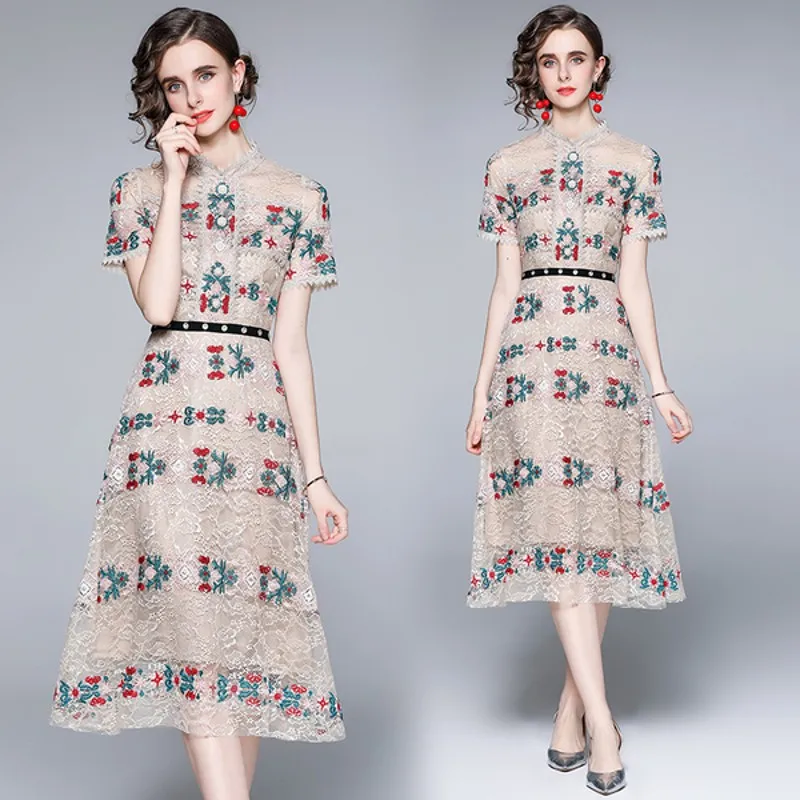 2021 Summer Elegant Runway Embroidered Women Short Sleeve Floral Cross-Stitched Temperament cross-embroidered lace dress
2021 Summer Elegant Runway Embroidered Women Short Sleeve Floral Cross-Stitched Temperament cross-embroidered lace dress