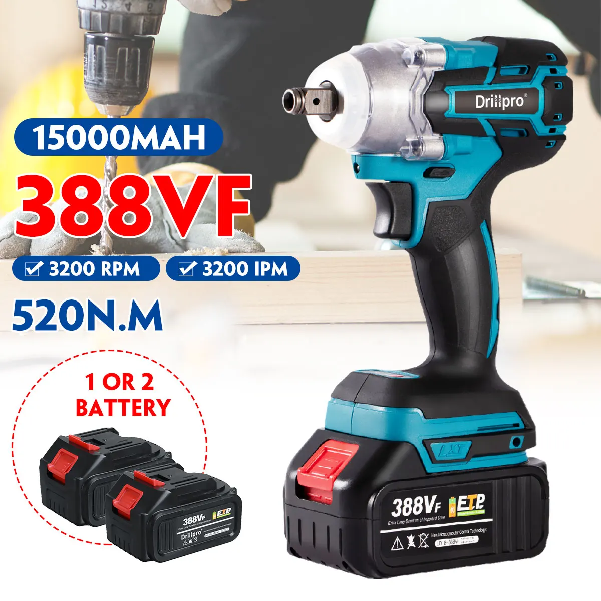 388VF 520N.M Brushless Cordless Electric Impact Wrench Power Tools with 15000Amh Li Battery +LED Light For Makita 18V Battery
388VF 520N.M Brushless Cordless Electric Impact Wrench Power Tools with 15000Amh Li Battery +LED Light For Makita 18V Battery