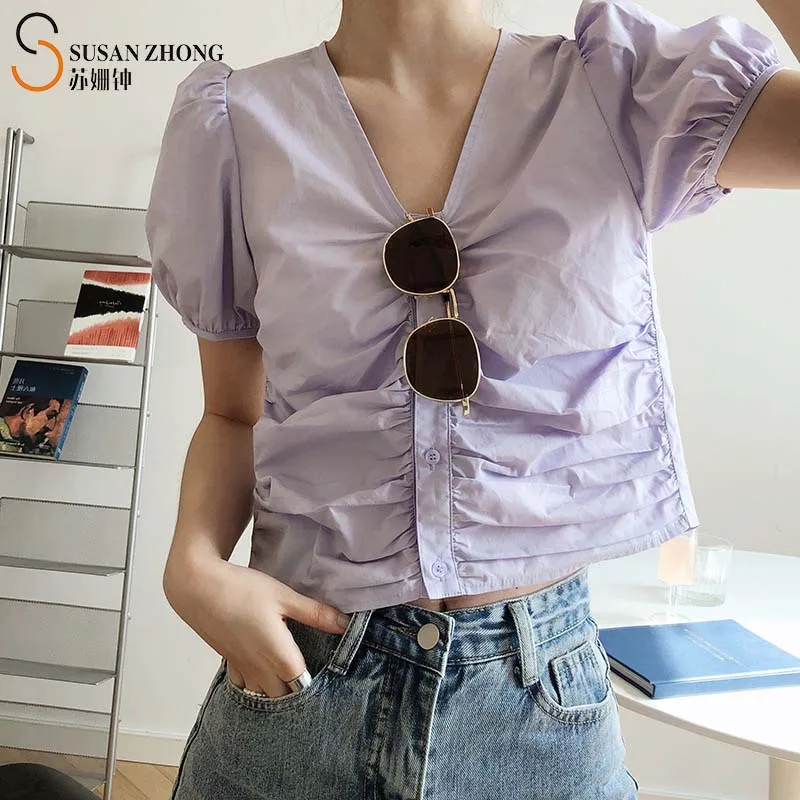 Women Shirts Summer Female Blouse Lantern Short Sleeve Crop Top Cotton V Neck Shirring Pleats Buttons Purple Korean Fashion Y2K
Women Shirts Summer Female Blouse Lantern Short Sleeve Crop Top Cotton V Neck Shirring Pleats Buttons Purple Korean Fashion Y2K