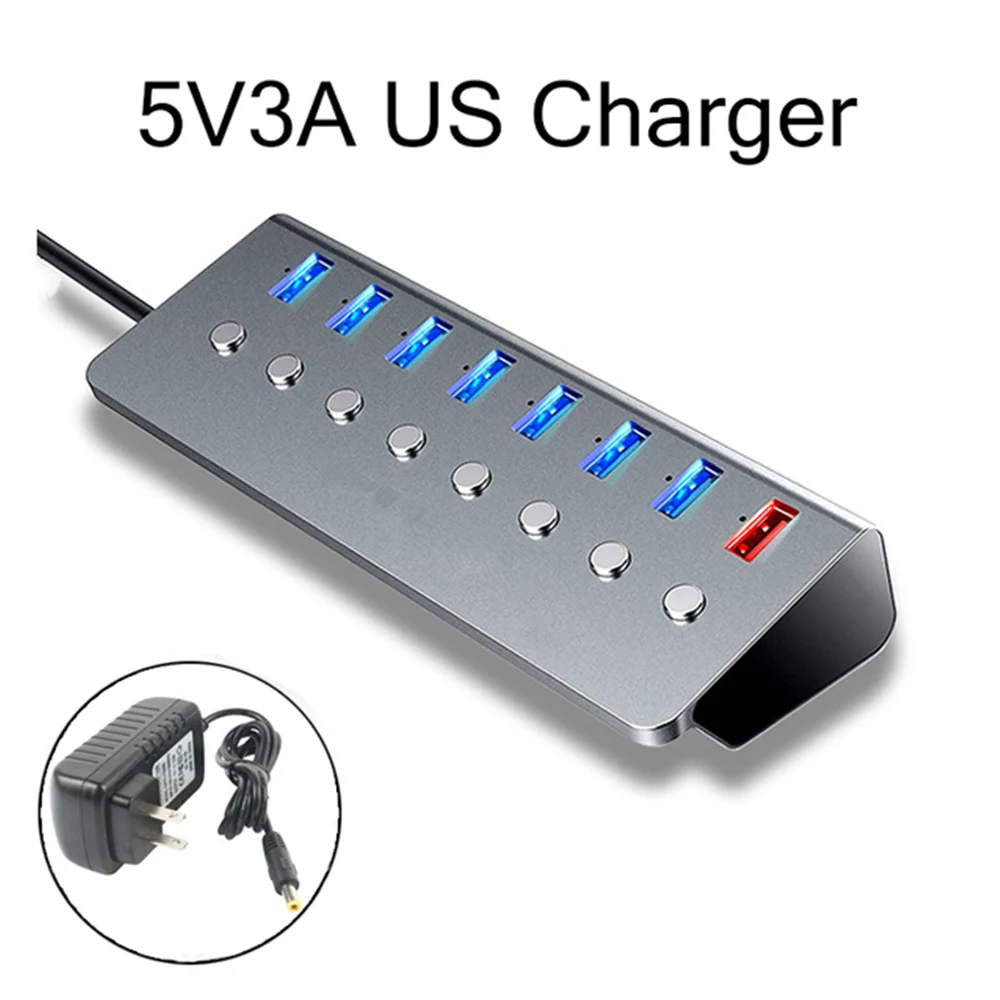 

USB3.0 концентратор из алюминиевого сплава 5 в 3 А разделитель 1 порт зарядка 7 портов передача данных Док-станция США/ЕС адаптер зарядного устро...