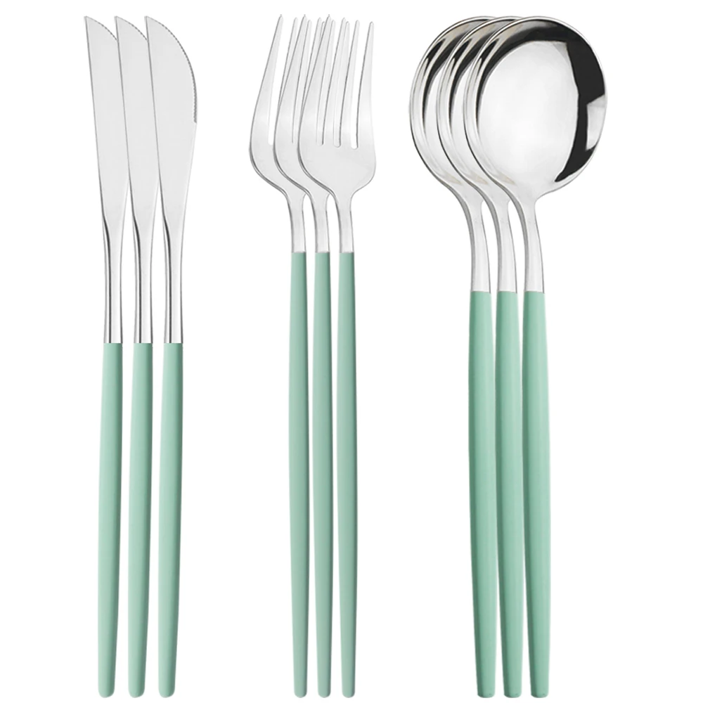 

Зеркальная посуда, свежий мятно-зеленый серебряный столовый нож, вилка, ложки, столовые приборы из нержавеющей стали