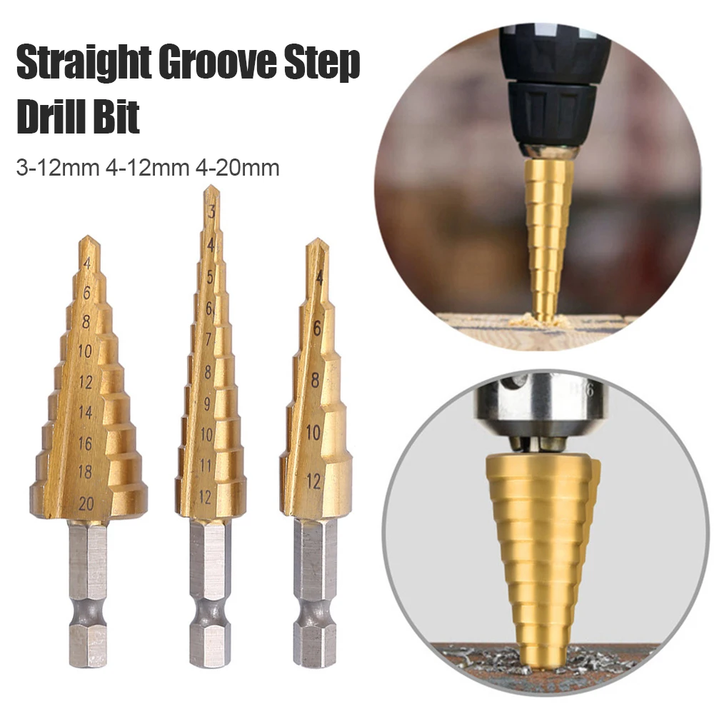 3pcs/set Step Drill Bit 4-12mm 4-20mm 4-32mm HSS Straight Groove Titanium Coated Wood Metal Hole Cutter Core Drilling Power Tool
3pcs/set Step Drill Bit 4-12mm 4-20mm 4-32mm HSS Straight Groove Titanium Coated Wood Metal Hole Cutter Core Drilling Power Tool