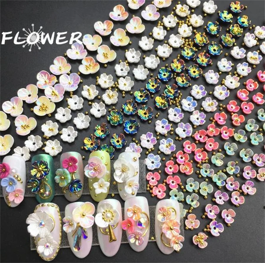 

20PCS Mixed Shell Flower Nail Charms Gold AB 3D 7/9/11mm Nail Art Flower Decorations+Beads AB Symphony Resin Jewels Decoration
