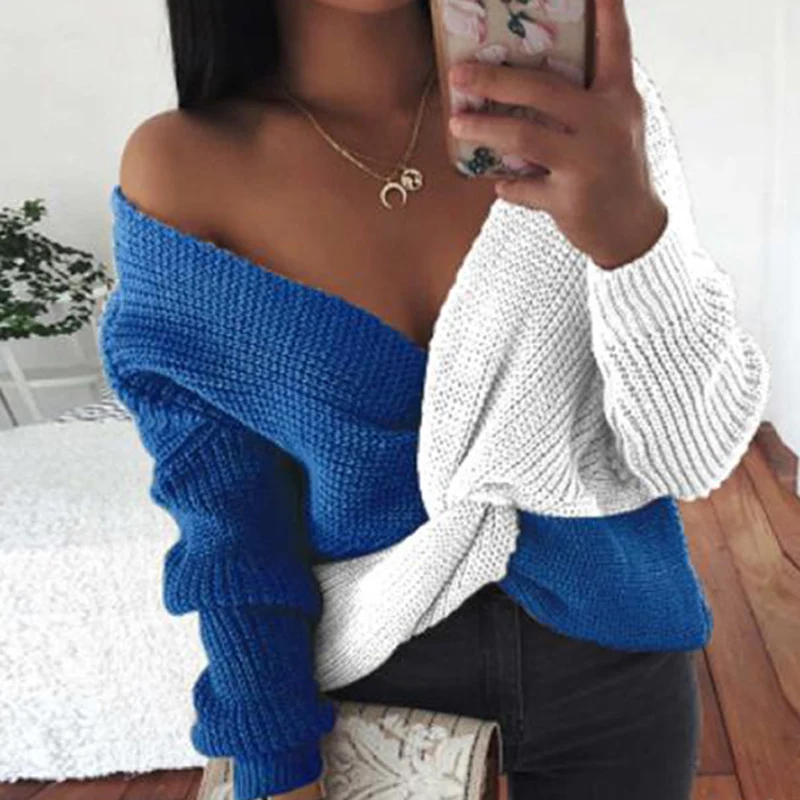 Autumn Winter Sexy Off Shoulder V-Neck Knit Sweaters Women Fashion Patchwork Color Tops Pullover Female Casual Loose Streetwear
Autumn Winter Sexy Off Shoulder V-Neck Knit Sweaters Women Fashion Patchwork Color Tops Pullover Female Casual Loose Streetwear