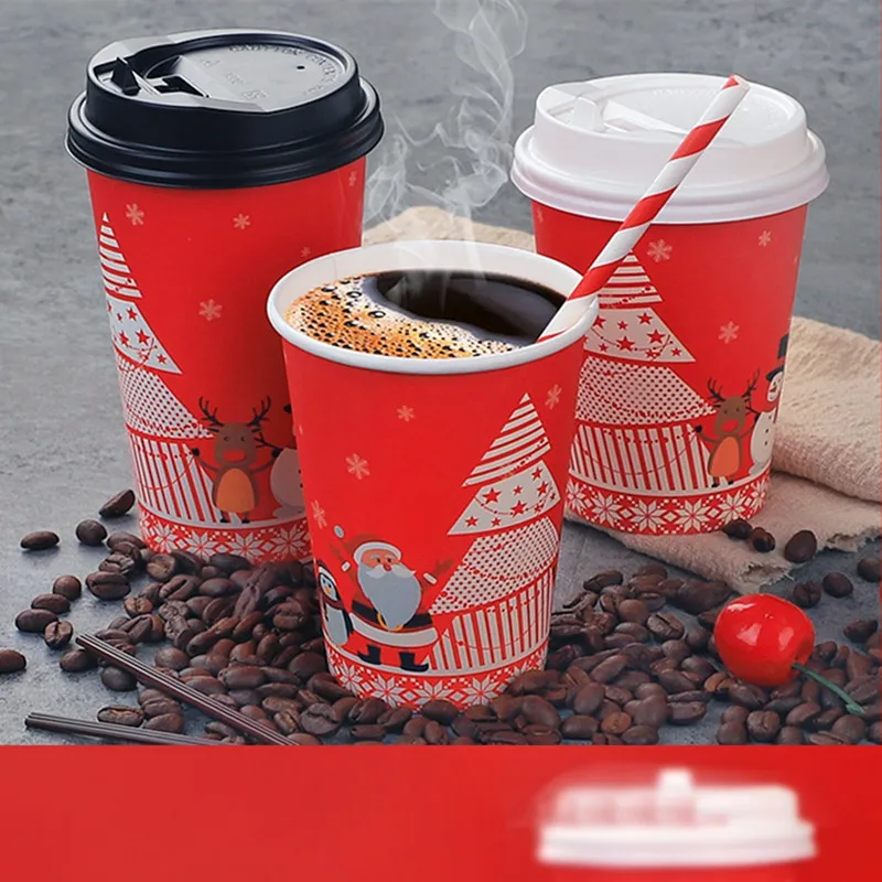

50pcs Net red disposable coffee cup Merry Christmas Santa Claus red hot drinks paper cups party favors creative milk tea cup