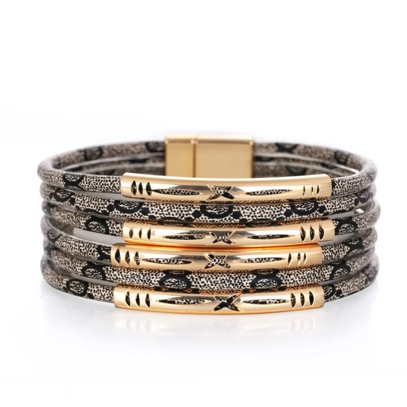Fashion Leather Bracelet Multilayer Bohemia Magnetic Buckle Copper Tube Accessories Leopard Pattern Wrap Bracelets for Women
Fashion Leather Bracelet Multilayer Bohemia Magnetic Buckle Copper Tube Accessories Leopard Pattern Wrap Bracelets for Women
