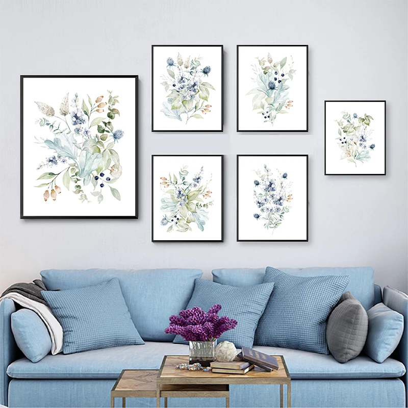 Картина на холсте с акварелью и синими цветами цветочный букет плакаты