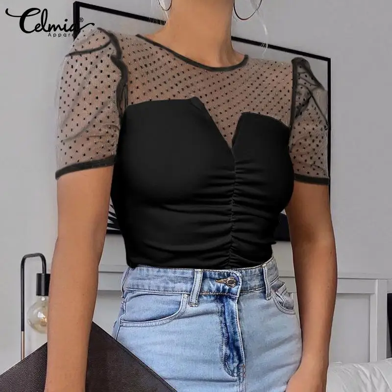 Sexy Black Lace Mesh Blouses 2021 Celmia Fashion Women Short Puff Sleeve See-Through Sheer Shirts Casual Patchwork Tunic Top 5XL
Sexy Black Lace Mesh Blouses 2021 Celmia Fashion Women Short Puff Sleeve See-Through Sheer Shirts Casual Patchwork Tunic Top 5XL