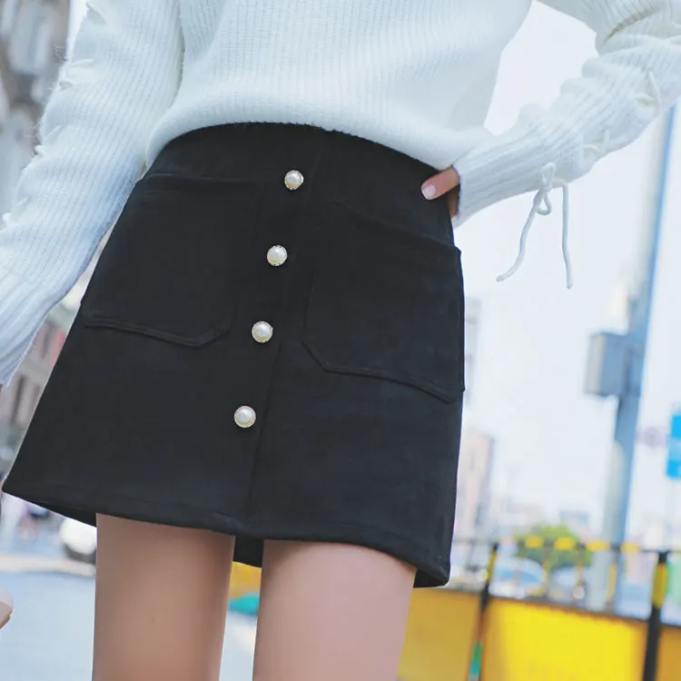 Fashionable Vintage Retro Button Pocket skirt Suede Hip high waist Elegant temperament Slim fit Comfortable Knee-Length | Женская одежда