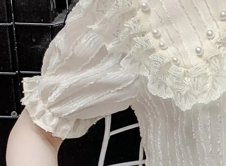 2021 Summer New French Lace Shirts Women Fashion Short Sleeve Doll Collar Beaded Blouse Female Casual Solid Color Blusas w378
2021 Summer New French Lace Shirts Women Fashion Short Sleeve Doll Collar Beaded Blouse Female Casual Solid Color Blusas w378