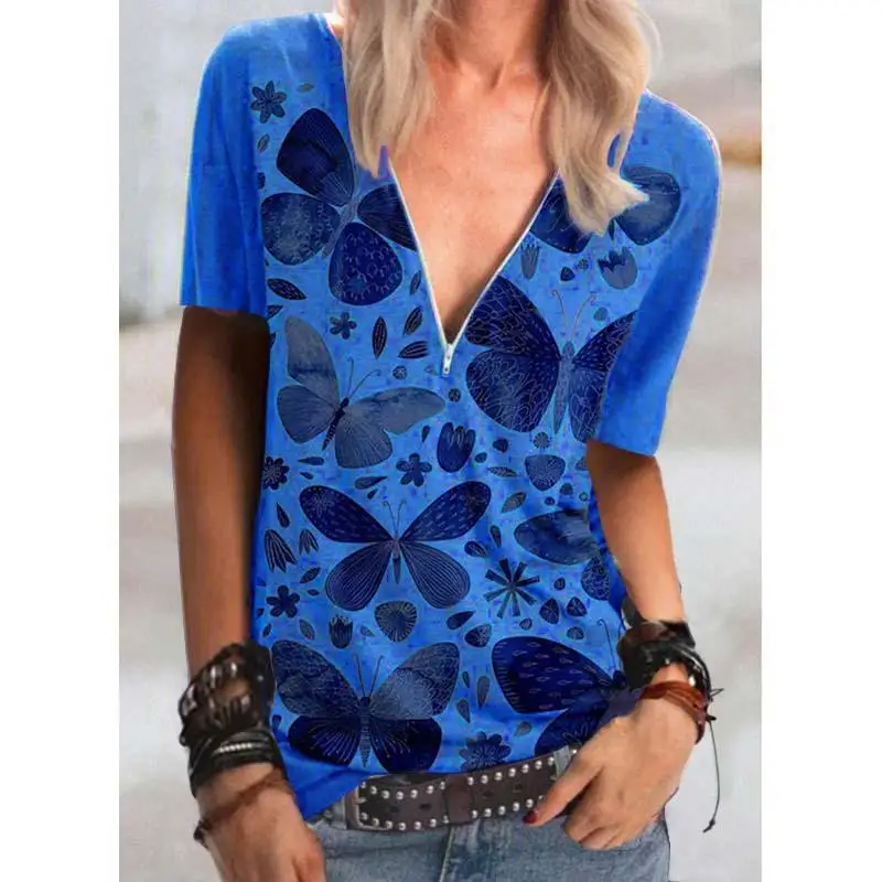 Футболка женская с принтом бабочки, модный топ с V-образным вырезом, Повседневная Свободная рубашка, Дамская уличная одежда с коротким рукав... 
Футболка женская с принтом бабочки, модный топ с V-образным вырезом, Повседневная Свободная рубашка, Дамская уличная одежда с коротким рукав...