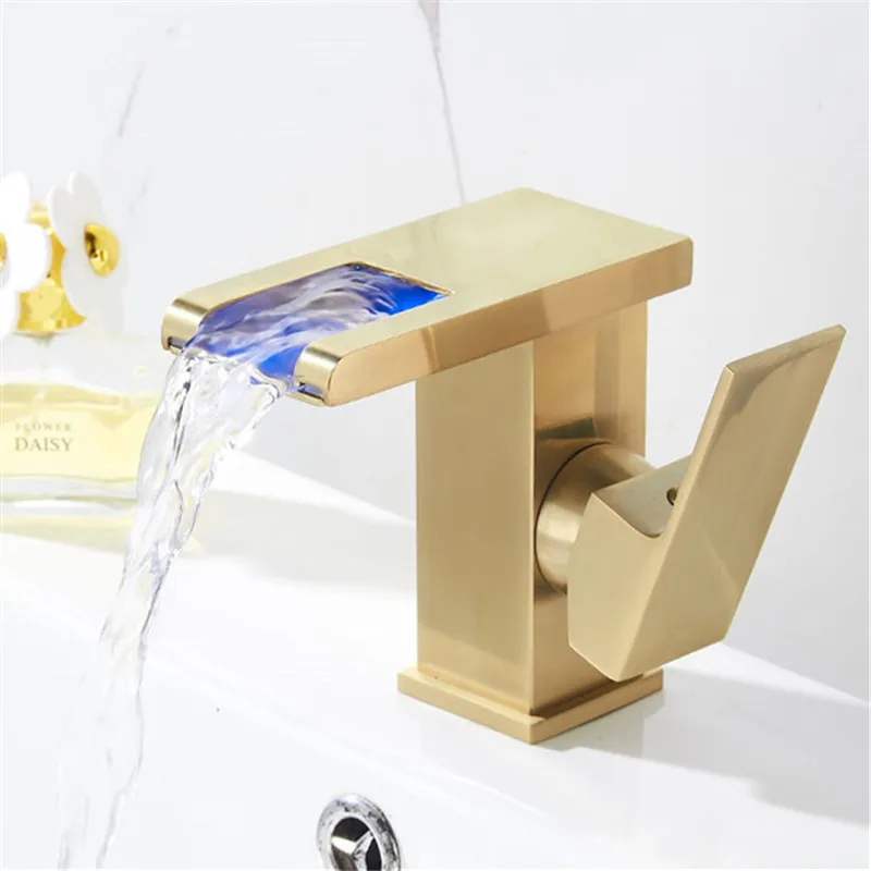 

Brushed Gold Basin Faucets Waterfall Hot & Cold Sink Mixer Taps Deck Mounted Single Handle Brass LED Light Water Crane Vessel