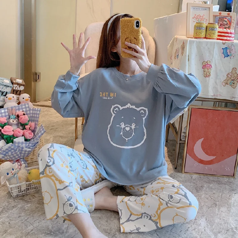 Korean Fashion Women's Pajamas Milk Silk Cute Cartoon Printing Long-Sleeved Trousers Round Neck Pullover Sleepwear Set 2 Pieces
Korean Fashion Women's Pajamas Milk Silk Cute Cartoon Printing Long-Sleeved Trousers Round Neck Pullover Sleepwear Set 2 Pieces
