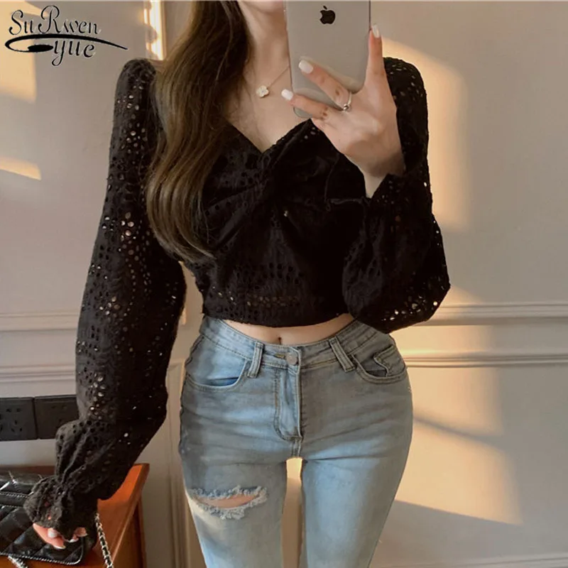 Summer Hollow Out Black Lace Blouse Elegant V Neck Shirt Sexy Embroidery Blouse Women Long Lantern Sleeve Tops Female 13213
Summer Hollow Out Black Lace Blouse Elegant V Neck Shirt Sexy Embroidery Blouse Women Long Lantern Sleeve Tops Female 13213