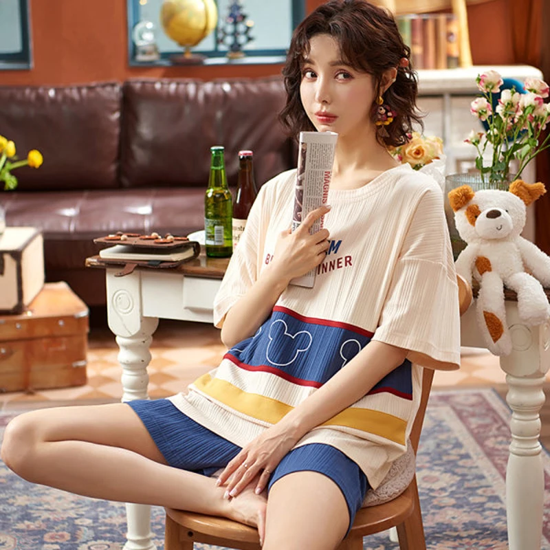 New Cotton Women Pajamas Set Simple Sleepwear Cute Cartoon Lounge Pyjamas Short Sleeve Shorts Ladies Soft Homewear Suit T-Shirts
New Cotton Women Pajamas Set Simple Sleepwear Cute Cartoon Lounge Pyjamas Short Sleeve Shorts Ladies Soft Homewear Suit T-Shirts