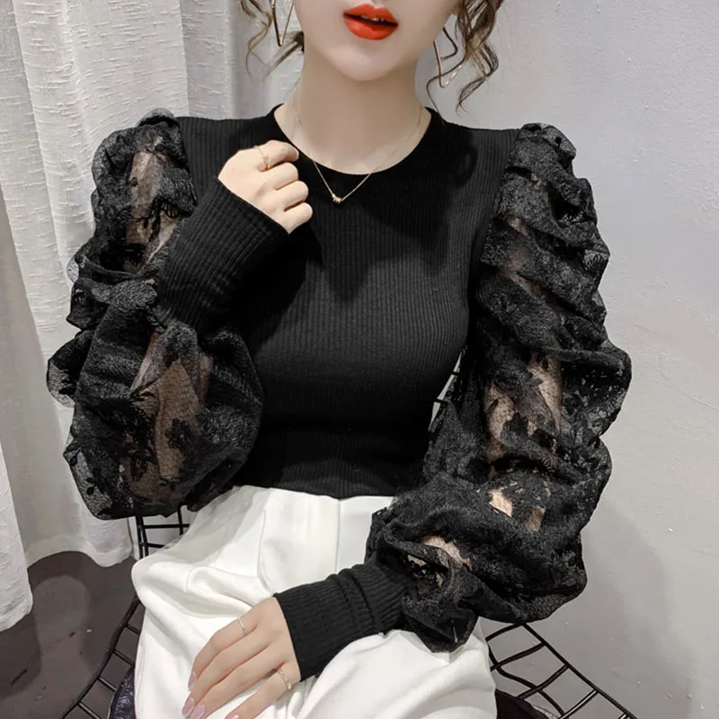 Spring Autumn Women's Blouse European Style Lace Lantern Sleeve Stitching Top New Long-sleeved Slimming Female Tops LL229 | Женская