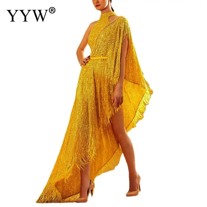 New Irregular Floor Length Long Formal Evening Prom Party Gown Yellow Sequins High Neck Tassel Off Shoulder Abendkleider 2021
New Irregular Floor Length Long Formal Evening Prom Party Gown Yellow Sequins High Neck Tassel Off Shoulder Abendkleider 2021