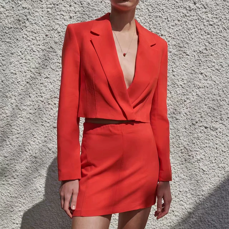 

WXWT Za Women Red Two Piece Set Solid Color Crop Blazer and Skirt 2021 Fashion Female High Street Set CD8083