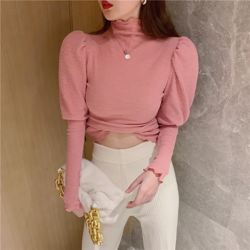 2021 Spring Lantern Sleeve T-shirt Woman Slim Sexy Short Top Women Elasticity Knit Bottoming Shirt Ladies Turtleneck Tee lady
2021 Spring Lantern Sleeve T-shirt Woman Slim Sexy Short Top Women Elasticity Knit Bottoming Shirt Ladies Turtleneck Tee lady
