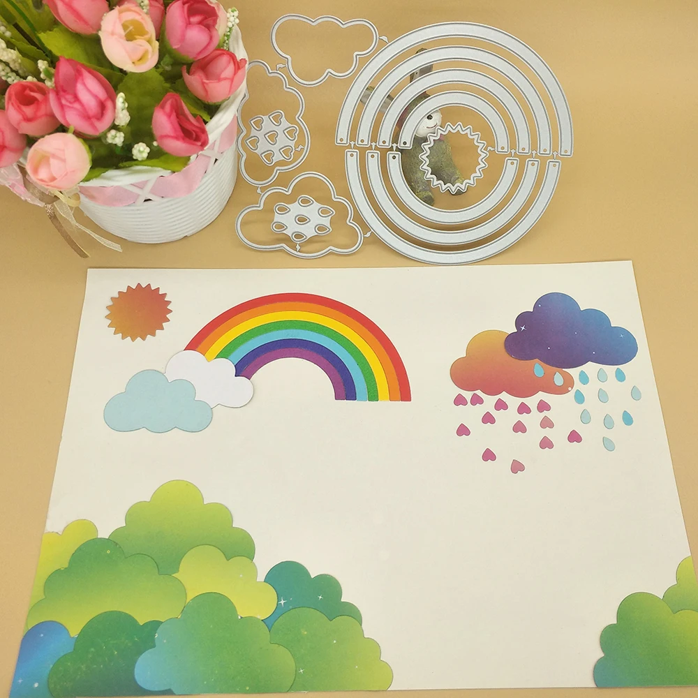 Rainbow clouds, sunshine, raindrops, metal cutting molds, scrapbooking, photo album decoration, DIY handmade art
Rainbow clouds, sunshine, raindrops, metal cutting molds, scrapbooking, photo album decoration, DIY handmade art