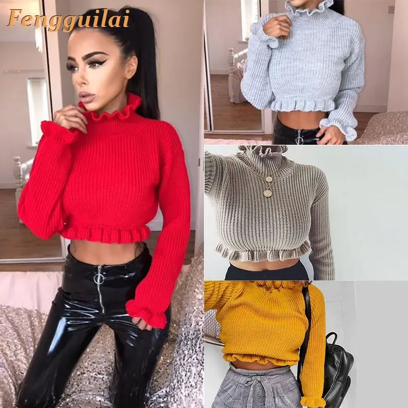 Ruffles Knitting Sweater Women Cropped Pullover Red Sexy Turtleneck Long Sleeve Crop Top Fall 2019 Sweaters
Ruffles Knitting Sweater Women Cropped Pullover Red Sexy Turtleneck Long Sleeve Crop Top Fall 2019 Sweaters