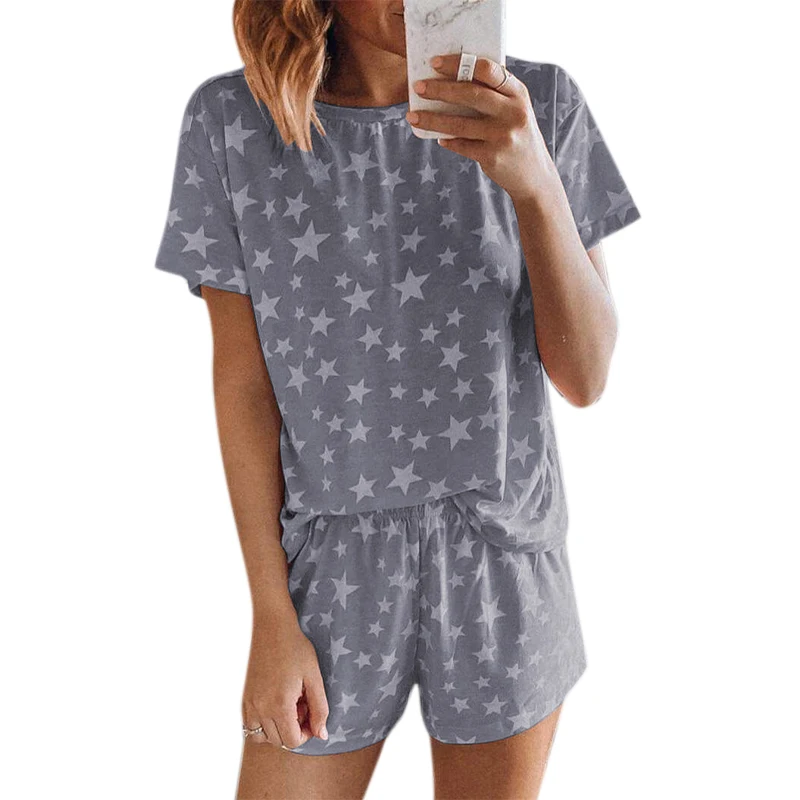 Summer Stars Printed Women Homewear Two Piece Sets Round Collar Short Sleeve Tshirt Elastic Waist Shorts Loose Casual Sleepsuits
Summer Stars Printed Women Homewear Two Piece Sets Round Collar Short Sleeve Tshirt Elastic Waist Shorts Loose Casual Sleepsuits
