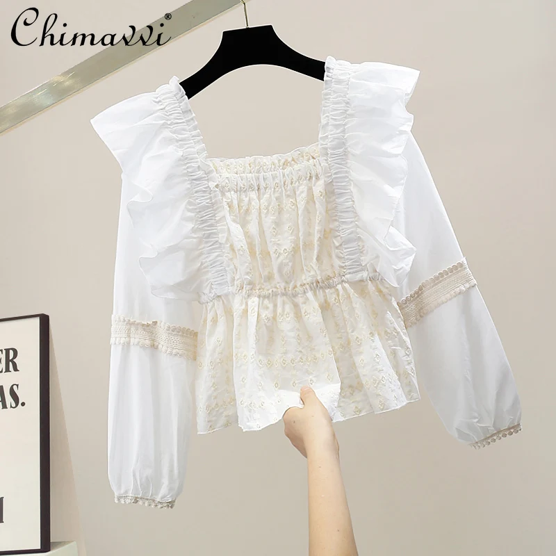 Рубашка составного кроя с вышивкой и оборками, осень 2021, модная блузка с квадратным вырезом, эластичной талией и длинными рукавами, облегающ... 
Рубашка составного кроя с вышивкой и оборками, осень 2021, модная блузка с квадратным вырезом, эластичной талией и длинными рукавами, облегающ...