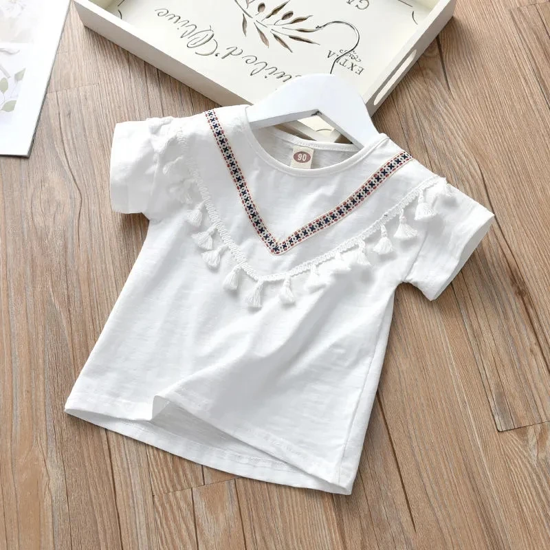 Summer Girls Short-sleeved T-shirt Tops New Children's Cotton Tassel Bottoming Shirt Baby Design Tees
Summer Girls Short-sleeved T-shirt Tops New Children's Cotton Tassel Bottoming Shirt Baby Design Tees