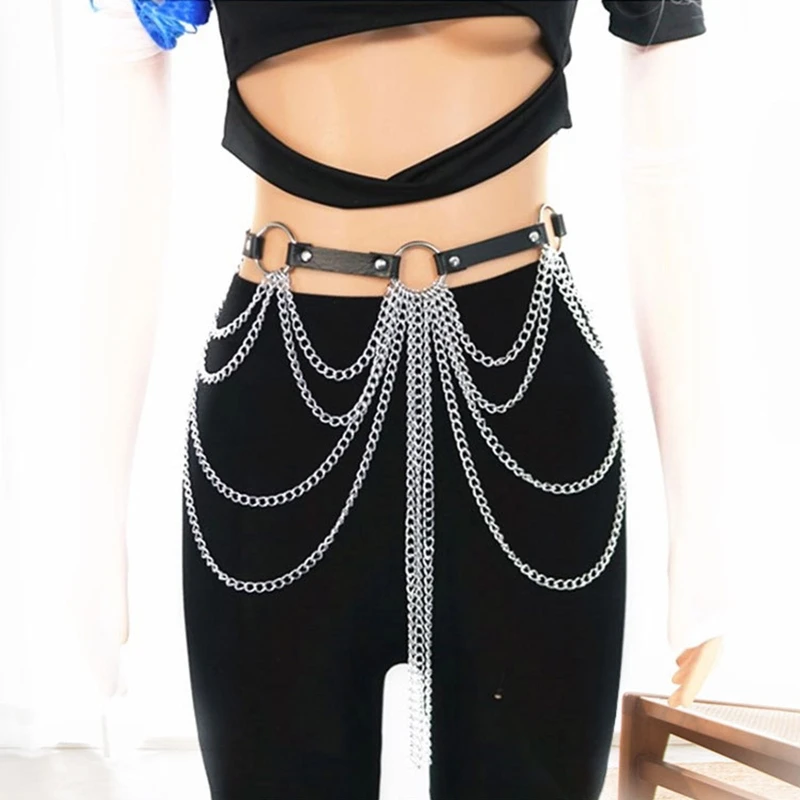 

Multi Layered Punk Waist Chain Alloy and PU Leather Shinning Body Chains Body Jewelry Accessories for Women and Girls DXAA