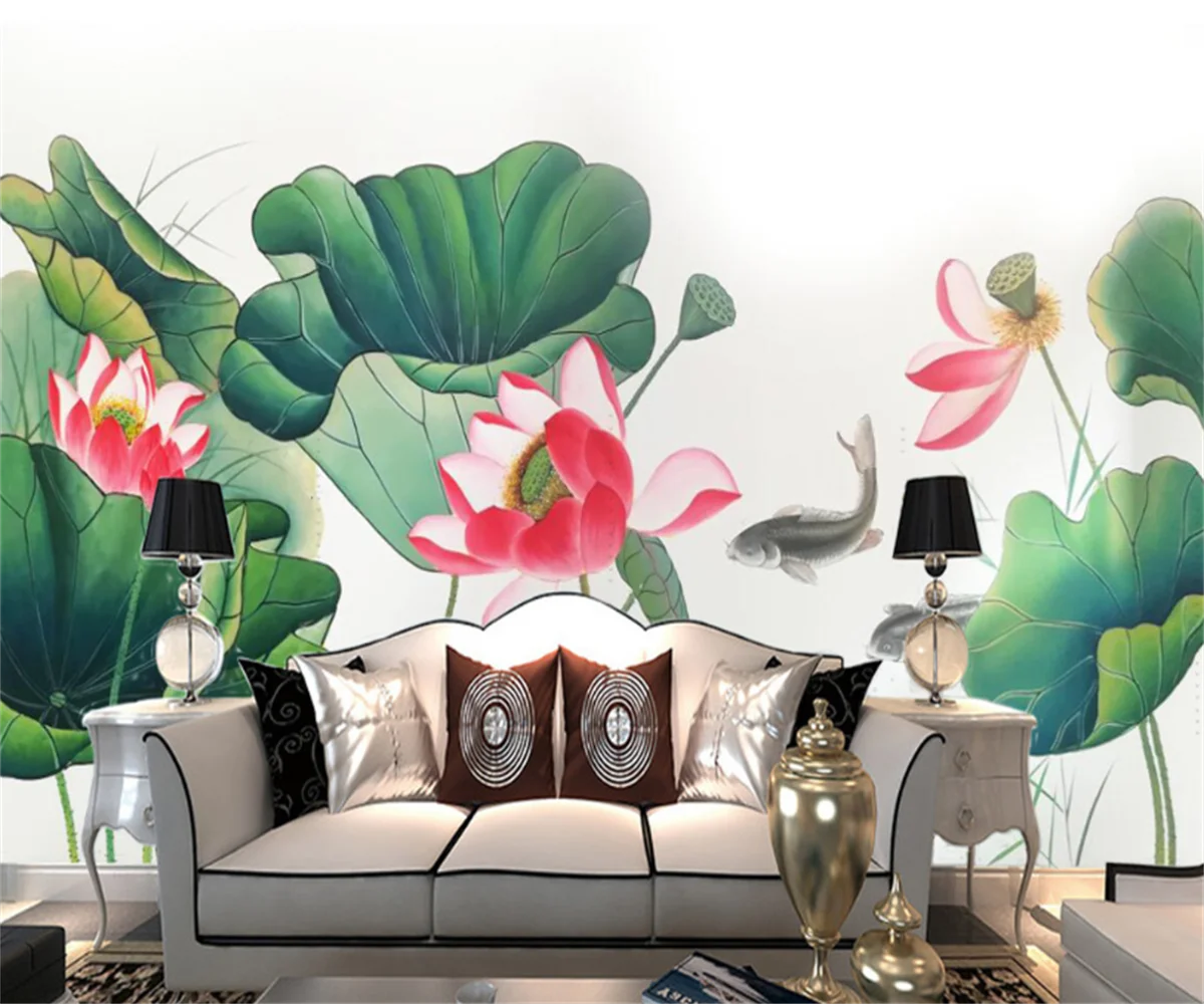 

Customize any size wallpaper mural Southeast Asia ink lotus TV sofa bedroom background wall sticker photo mural papel de parede