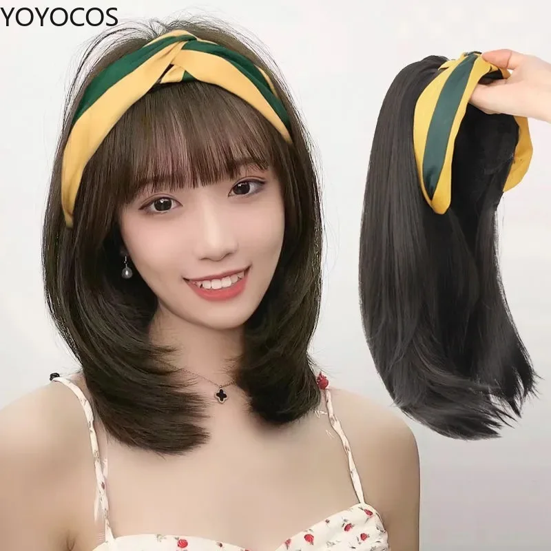 

YOYOCOS Short Bobo Brown Synthetic Wig with Hair Band Bang Hairstyle for White Black Women Natural Hair Heat Resistant Halloween