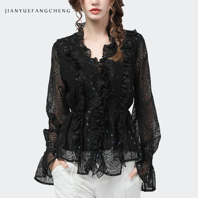 2020 Autumn New Women Lace Shirt Hollow Out Sexy Tops Ruffles V-Neck Elastic Waist Lantern Sleeve Blouses Elegant Temperament
2020 Autumn New Women Lace Shirt Hollow Out Sexy Tops Ruffles V-Neck Elastic Waist Lantern Sleeve Blouses Elegant Temperament