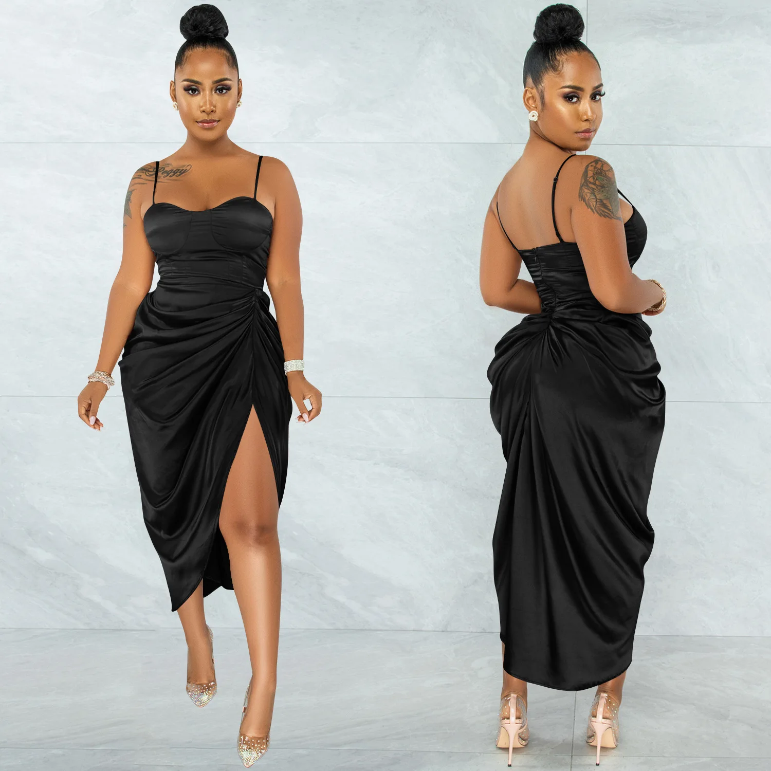Sexy Bustier Drawstring Fold Mid-Calf Bodycon Dress Women Spaghetti Strap Backless Split Night Club Elegant Party Camisole Dress
Sexy Bustier Drawstring Fold Mid-Calf Bodycon Dress Women Spaghetti Strap Backless Split Night Club Elegant Party Camisole Dress