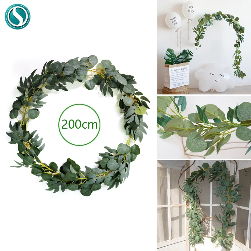 

2M Artificial Green Eucalyptus Garland Willow Leaves Vine Fake Rattan Artificial Plants Ivy Wreath Wall Decor Wedding Decoration