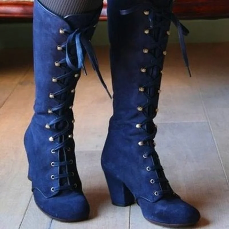 

Medieval Women's Casual Riding Boots Winter Lace Up Suede Long Tube Knight Boot Female High Heel Cowboy Shoes Mid-Calf Sexy 2021