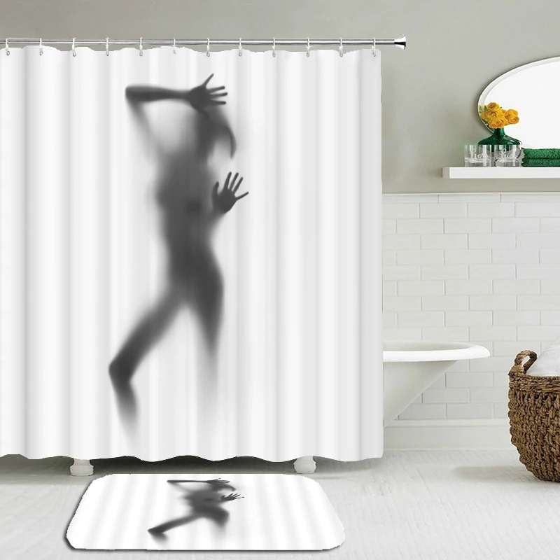 

2pc Set Sexy Shadow Woman Shower Curtains Set Bathroom Waterproof Polyester With Rectangle Non-slip Floor Mat Bath Curtain Set