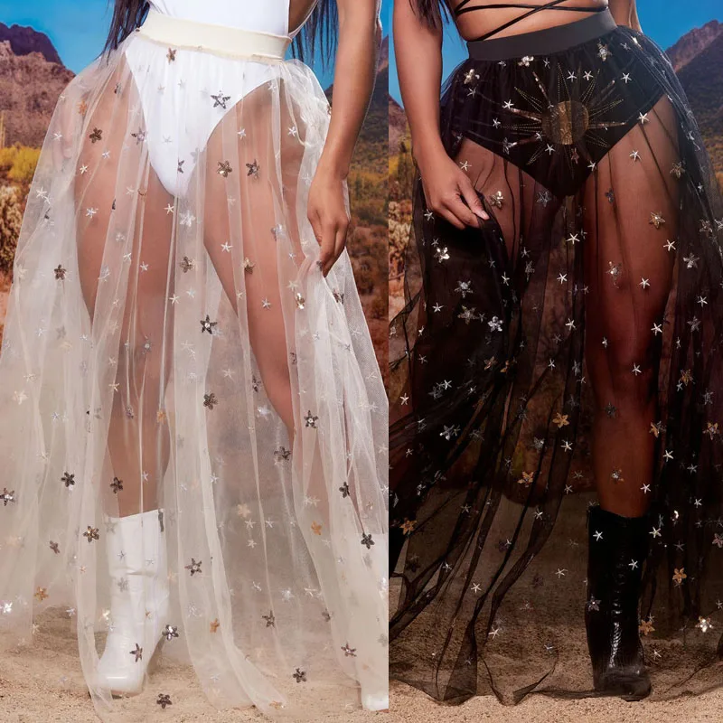 Summer Sexy Beachwear Star Sequin Long Skirt Female Loose Mesh Sheer Sun protection White black Maxi Glitter Skirt Sparkle Skirt
Summer Sexy Beachwear Star Sequin Long Skirt Female Loose Mesh Sheer Sun protection White black Maxi Glitter Skirt Sparkle Skirt