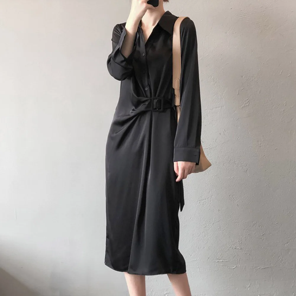Korean Fashion Design Womens Dress Autumn New 2021 Temperament Satin Lacing Lapel Long Sleeve Casual Women Dress 
Korean Fashion Design Womens Dress Autumn New 2021 Temperament Satin Lacing Lapel Long Sleeve Casual Women Dress