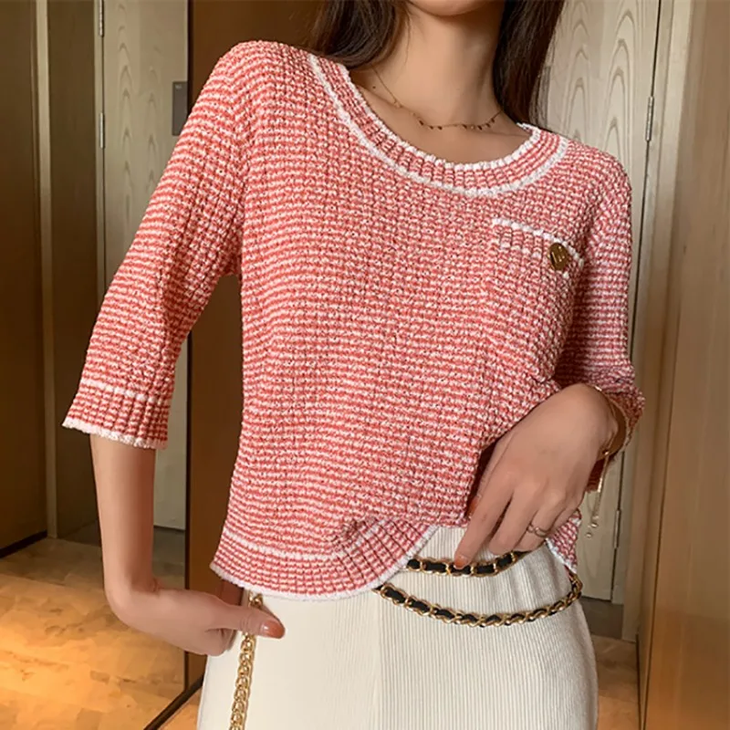 2021 New Summer Luxury Elegant Women Pullover Sweater Knit Pink Green Striped Knitwear Short-Sleeved Short Top Designer Clothes
2021 New Summer Luxury Elegant Women Pullover Sweater Knit Pink Green Striped Knitwear Short-Sleeved Short Top Designer Clothes