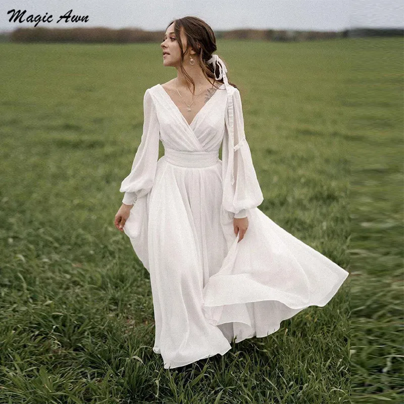 Magic Awn Beach Long Sleeves Chiffon Wedding Dresses V-Neck Open Back Country Boho Mariage Gowns Ankle Length Robe De Mariee
Magic Awn Beach Long Sleeves Chiffon Wedding Dresses V-Neck Open Back Country Boho Mariage Gowns Ankle Length Robe De Mariee