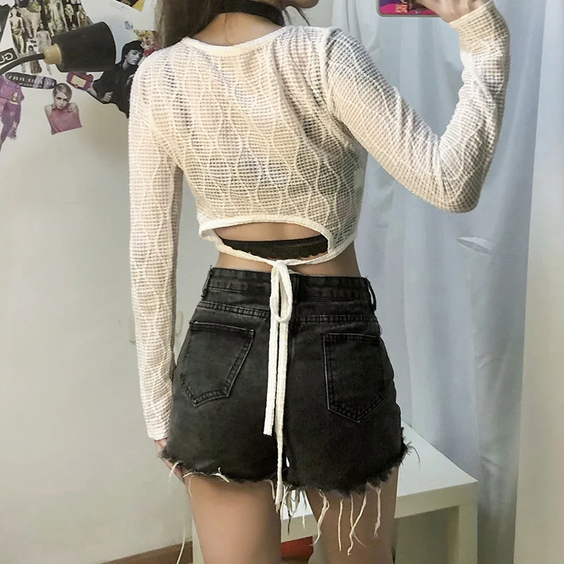 NCLAGEN Women Long Sleeve Cardigans Style Fitness See Through T Shirt Navel Bare Crop Top Bodycon Tshirt Streetwear Outfit Tees | Женская