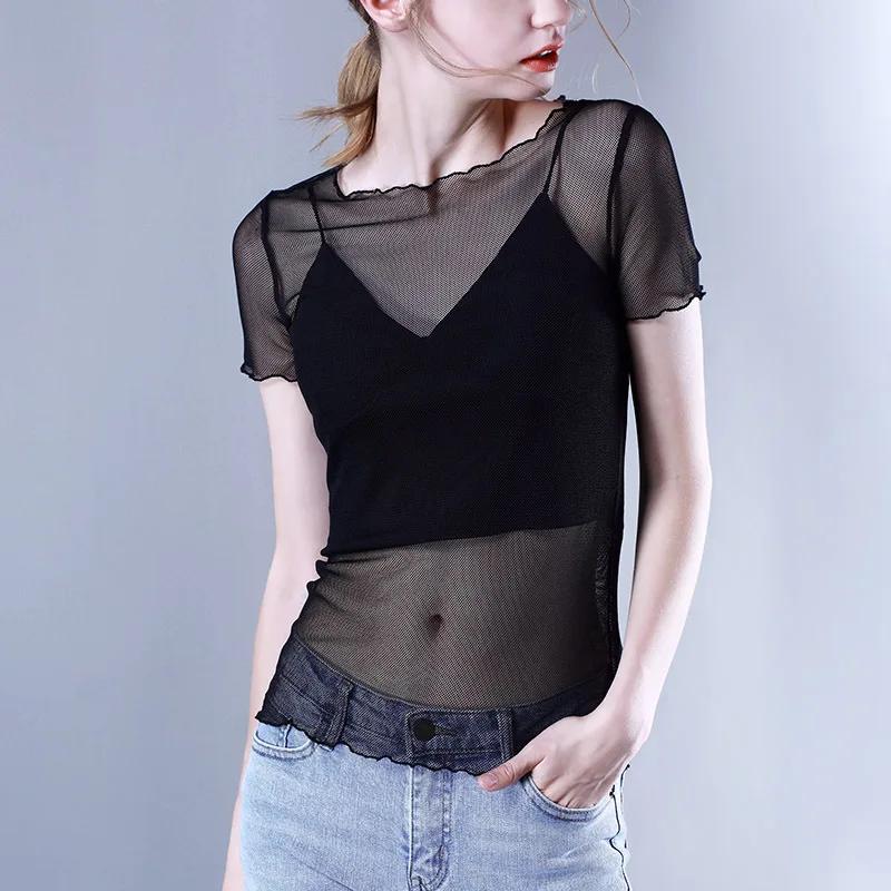 Summer new style women's fashion half sleeve T-shirt women's round neck sexy perspective top mesh bottom coat 
Summer new style women's fashion half sleeve T-shirt women's round neck sexy perspective top mesh bottom coat