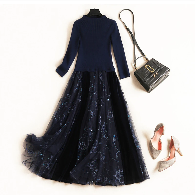2021 Autumn Winter Fashion Designer Dress Women Blue Knitting Patchwork Velvet Embroidery High Quality Dresses
2021 Autumn Winter Fashion Designer Dress Women Blue Knitting Patchwork Velvet Embroidery High Quality Dresses