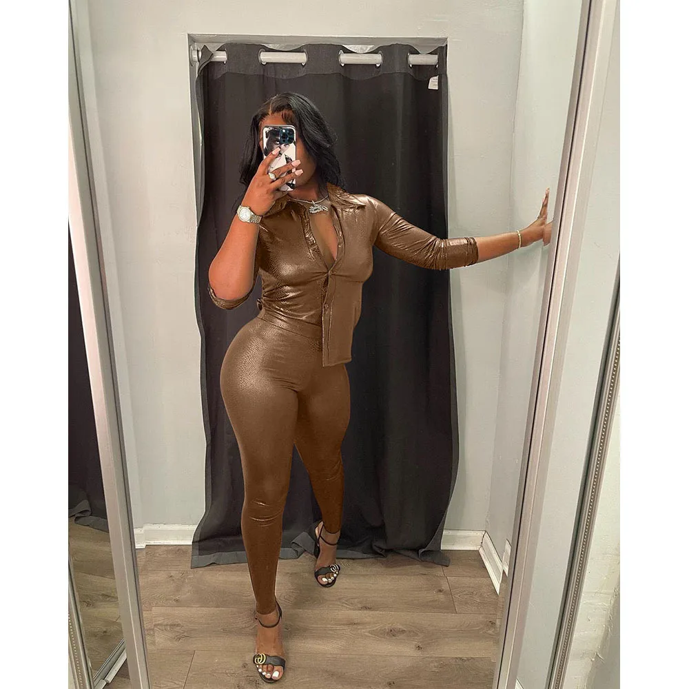 Long Sleeve Button Shirt PU Leather Pants Set Two Piece Set Streetwear Stretch Snake Skin Bodycon Matching Set Autumn
Long Sleeve Button Shirt PU Leather Pants Set Two Piece Set Streetwear Stretch Snake Skin Bodycon Matching Set Autumn