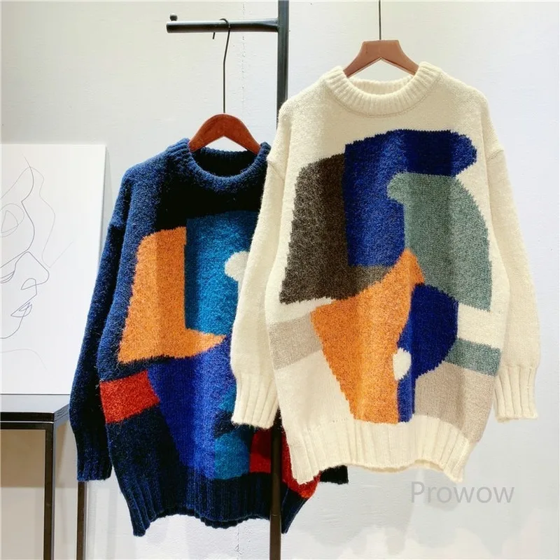 Color Block Graffiti Sweater Women Loose Long Pullovers Lazy Oaf Tops O-Neck Jumpers Korean Fashion Sweaters for Women Knitwear 
Color Block Graffiti Sweater Women Loose Long Pullovers Lazy Oaf Tops O-Neck Jumpers Korean Fashion Sweaters for Women Knitwear