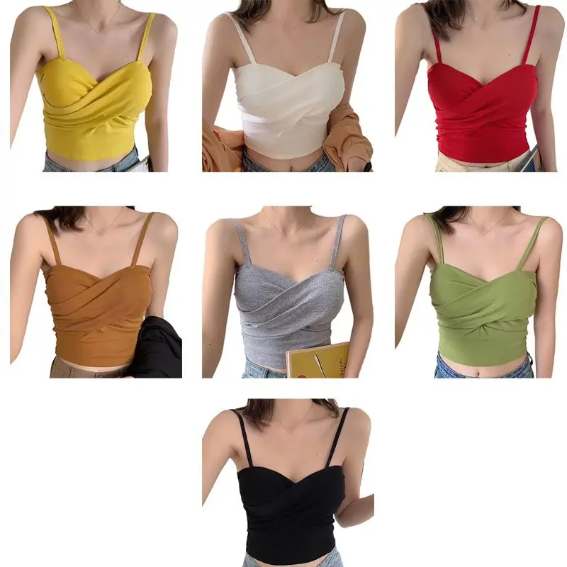 

Women Summer Twisted Front Sleeveless Crop Top Sexy V-Neck Ribbed Knitted Camisole Push Up Padded Solid Color Elastic Sling Vest