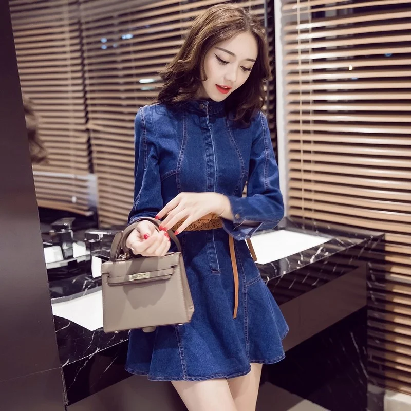 Sweet Korean Womens Long Sleeve Stand Collar Ruffles Denim Dresses Elegant High Waist Slim Solid Covered Button A-Line Dress
Sweet Korean Womens Long Sleeve Stand Collar Ruffles Denim Dresses Elegant High Waist Slim Solid Covered Button A-Line Dress