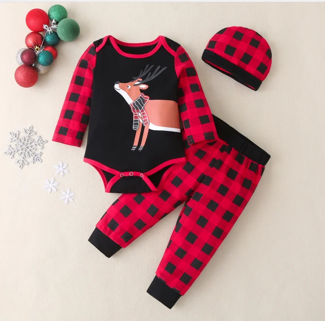 Newborn Baby Christmas Outfit Set 3-piece Cartoon Elk Romper+Plaid Pants+Hat Set for Baby Boys Girls New Year Clothes
Newborn Baby Christmas Outfit Set 3-piece Cartoon Elk Romper+Plaid Pants+Hat Set for Baby Boys Girls New Year Clothes