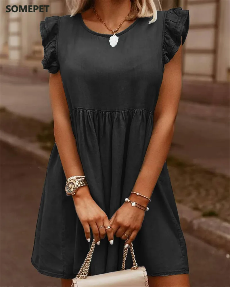 Fashion Women Summer Denim A-Line Dress Patchwork Design Rufflesd Decor O-Neck Short Ruffles Sleeve Solid Color Slim Mini Dress
Fashion Women Summer Denim A-Line Dress Patchwork Design Rufflesd Decor O-Neck Short Ruffles Sleeve Solid Color Slim Mini Dress