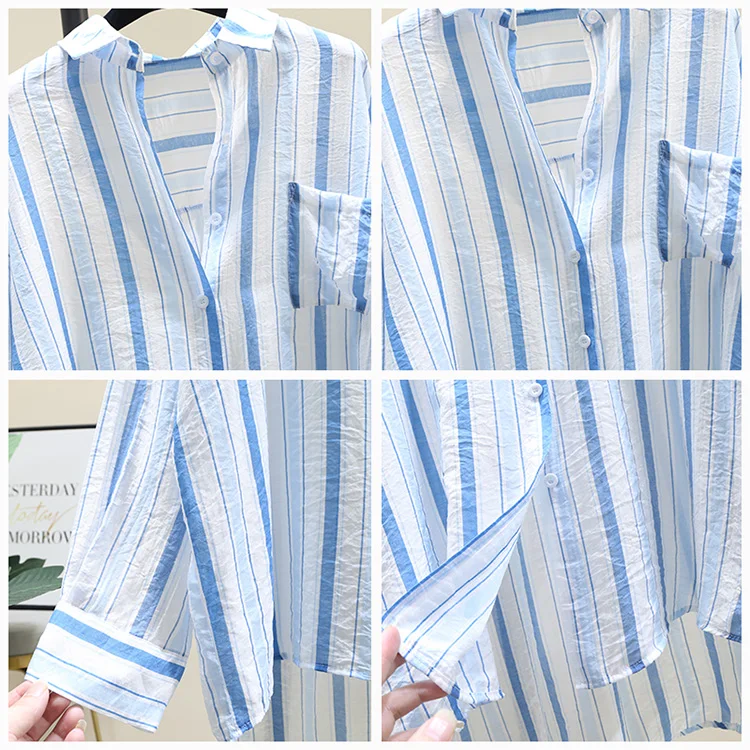 2021 Spring Summer Blue Striped Women Shirt New Korean Loose Irregular Cotton Linen Ladies Top Long Sleeve Sun Protection Blusas
2021 Spring Summer Blue Striped Women Shirt New Korean Loose Irregular Cotton Linen Ladies Top Long Sleeve Sun Protection Blusas